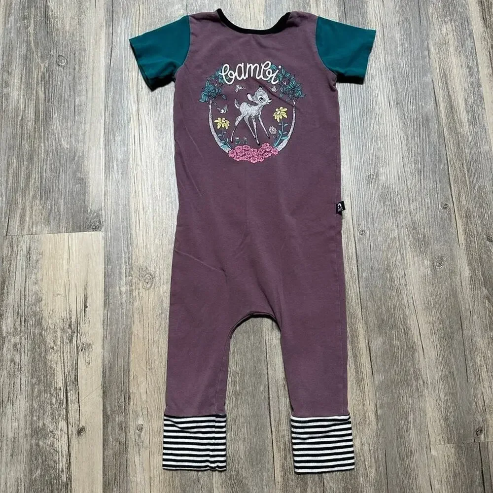 RAGS One-Piece Romper 2T Purple Teal Bambi Disney Cotton Striped Cuffs